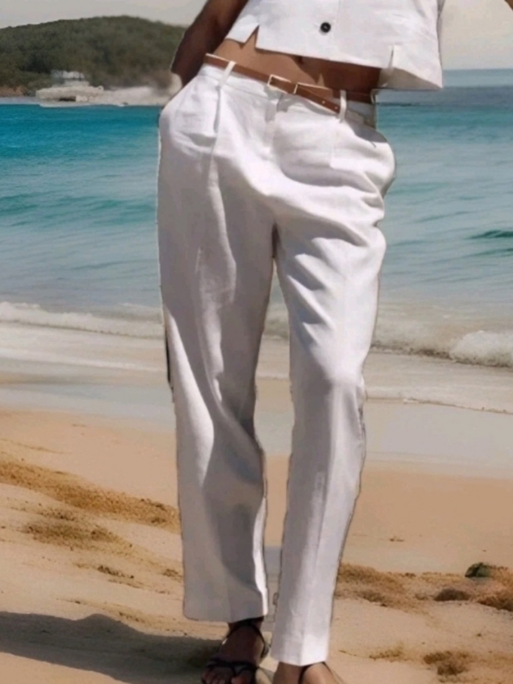 Zara White Straight-Leg Pants with Brown Belt